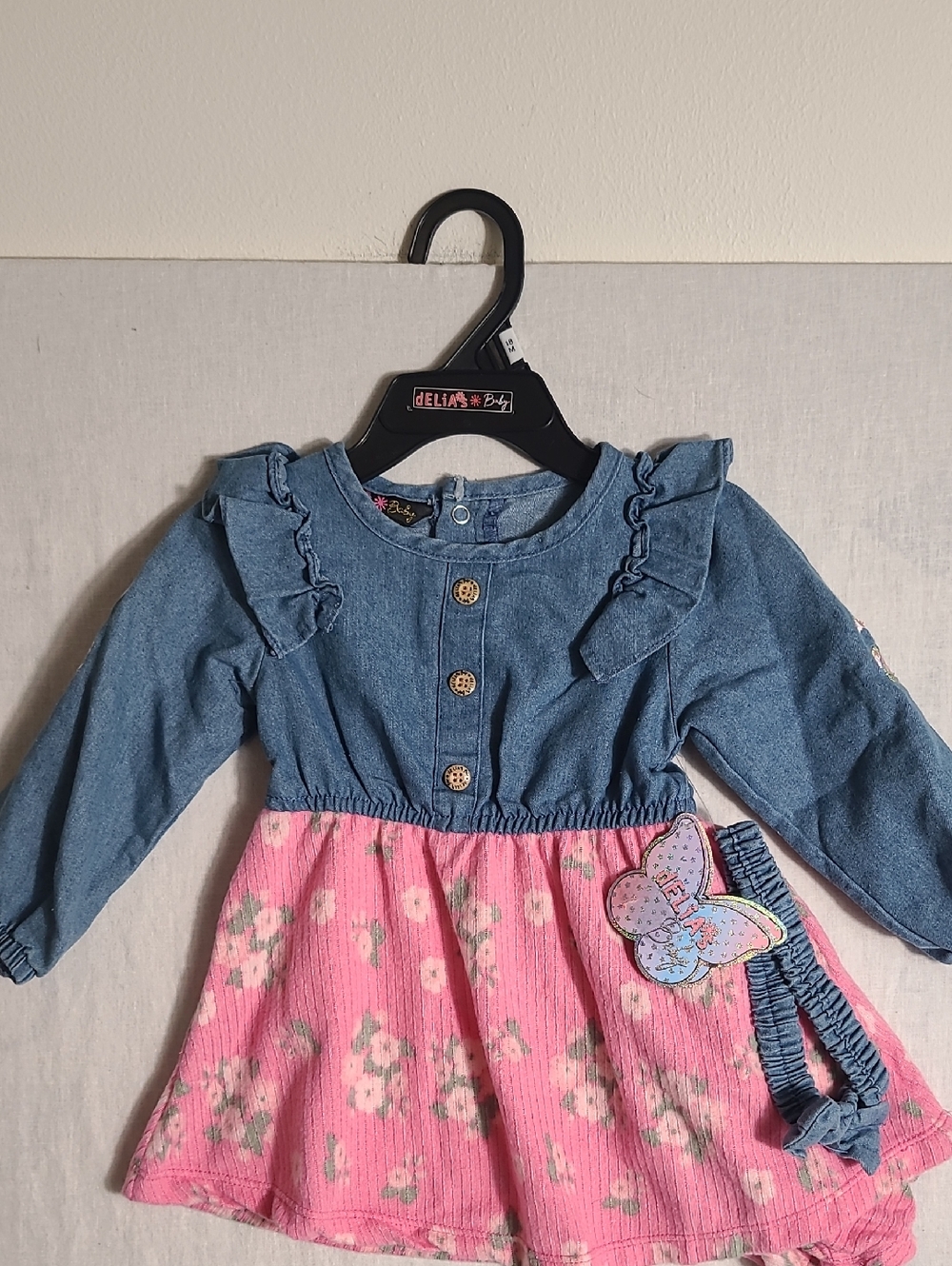 dELiA*s Baby NWT Light Blue Denim Romper Dress W Bloomers And Headband Size 18M